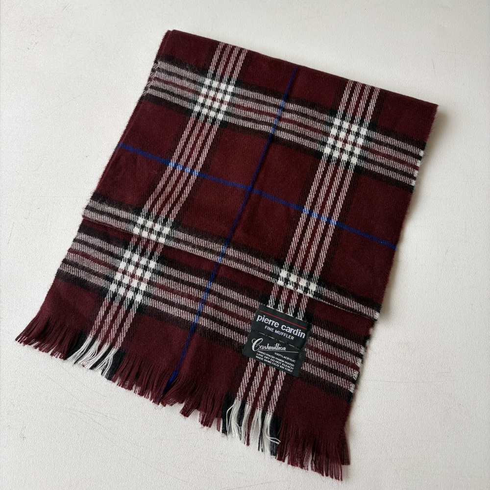 Pierre Cardin fine muffler maroon cashmillion plaid scarf vintage